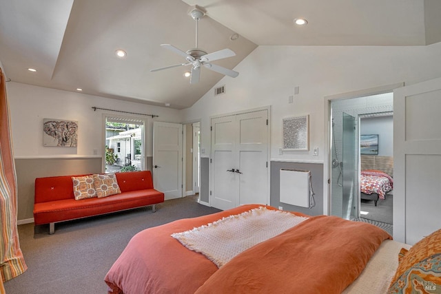 carpeted bedroom with recessed lighting, high vaulted ceiling, a ceiling fan, a closet, and baseboards