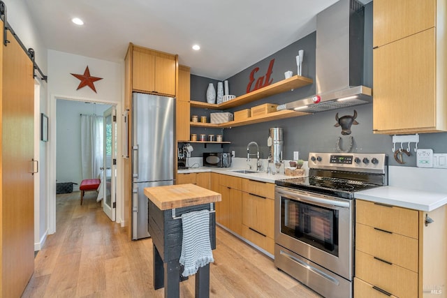 kitchen with appliances with stainless steel finishes, wall chimney exhaust hood, a sink, a barn door, and open shelves