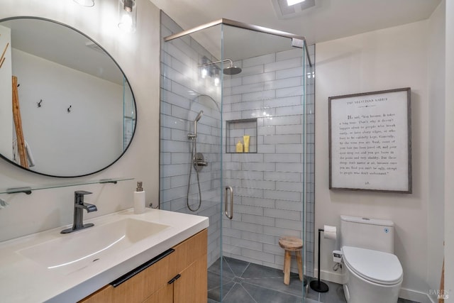 bathroom with a stall shower, toilet, tile patterned floors, and vanity