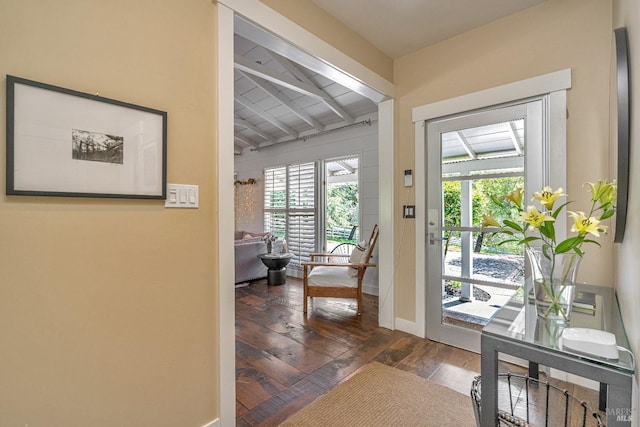 139 Deer Hollow Rd, San Anselmo, CA 94960 - entryway featuring beamed ceiling, wood-type flooring, and baseboards