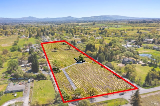 bird's eye view featuring a rural view and a mountain view