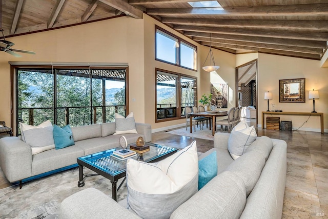 living room featuring wood ceiling, baseboards, a ceiling fan, and beam ceiling
