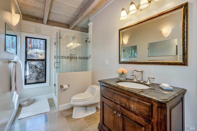 bathroom featuring vanity, a stall shower, toilet, visible vents, and beamed ceiling