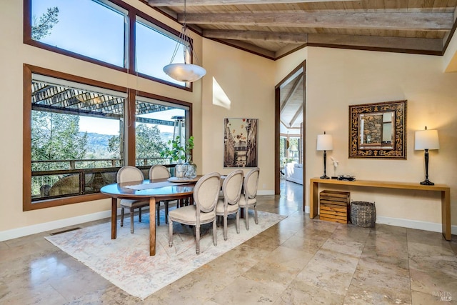 dining room featuring wooden ceiling, beamed ceiling, baseboards, and visible vents