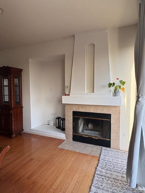 living area featuring wood finished floors and a fireplace