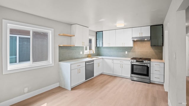 kitchen with a sink, light wood-type flooring, appliances with stainless steel finishes, light countertops, and under cabinet range hood