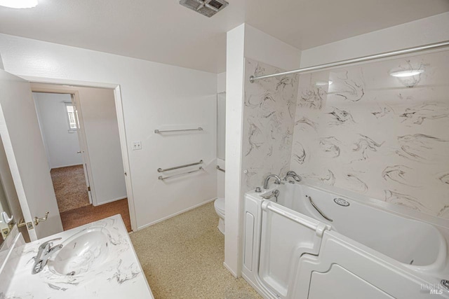 bathroom featuring visible vents, vanity,  shower combination, and toilet