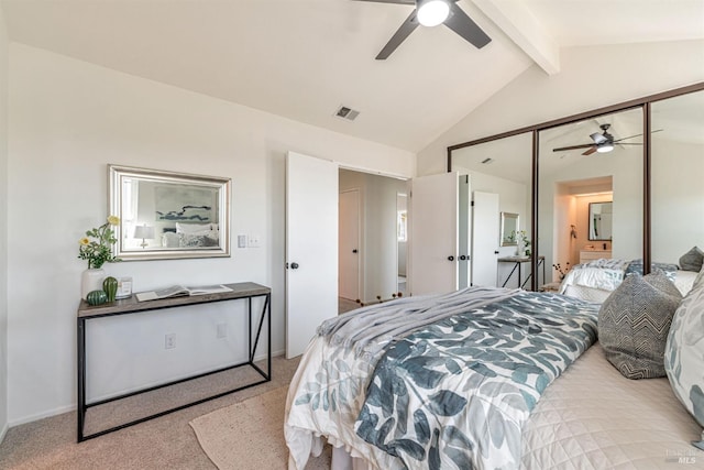 141 Albatrosse Way, Vallejo, CA 94589 - bedroom with ceiling fan, lofted ceiling with beams, visible vents, and carpet floors
