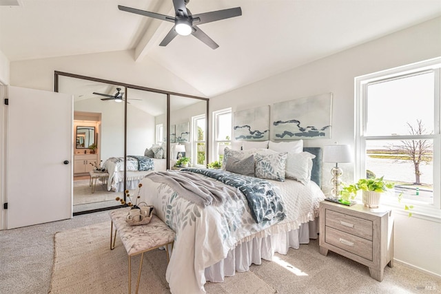141 Albatrosse Way, Vallejo, CA 94589 - bedroom with a closet, multiple windows, light colored carpet, and lofted ceiling with beams