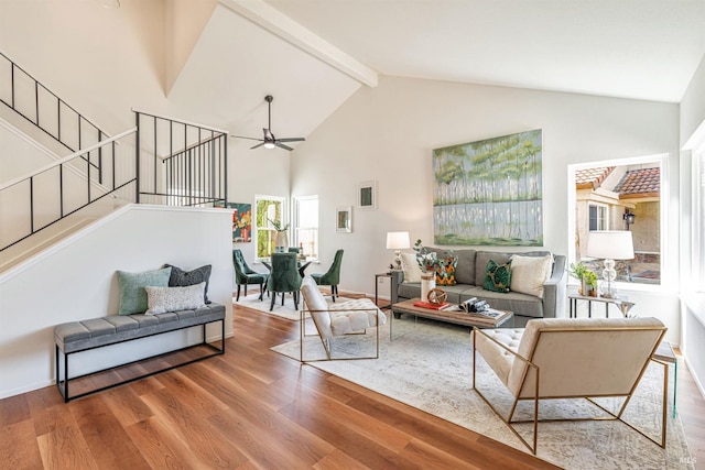 141 Albatrosse Way, Vallejo, CA 94589 - living room with ceiling fan, beam ceiling, wood finished floors, stairs, and high vaulted ceiling