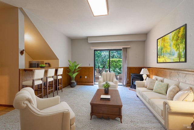 carpeted living area with wood walls, a wood stove, and wainscoting