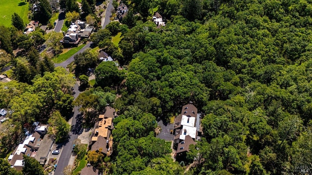 drone / aerial view with a wooded view