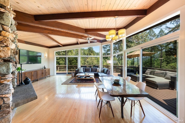 sunroom / solarium with an inviting chandelier and beam ceiling