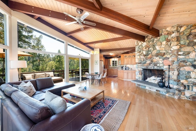 living room featuring light wood-style flooring, ceiling fan, wooden ceiling, and a fireplace