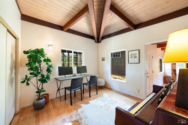 home office with wood finished floors, beamed ceiling, baseboards, and wooden ceiling