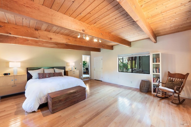 bedroom featuring wood ceiling, wood finished floors, beamed ceiling, and baseboards