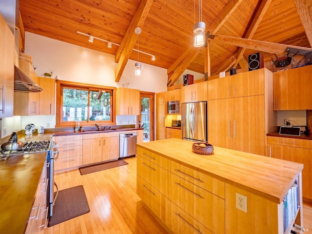 kitchen featuring wood counters, under cabinet range hood, modern cabinets, appliances with stainless steel finishes, and wood ceiling
