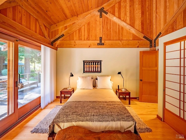 bedroom featuring light wood-type flooring, access to outside, high vaulted ceiling, and wood ceiling