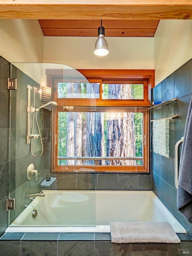 bathroom with wooden ceiling