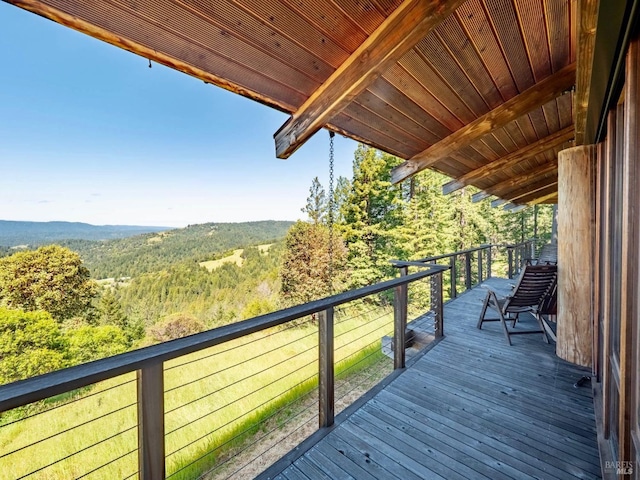 wooden terrace with a view of trees