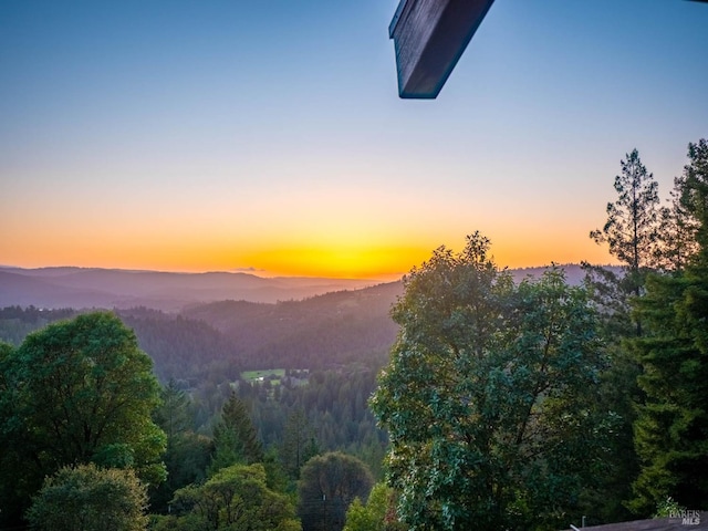 view of mountain feature featuring a forest view