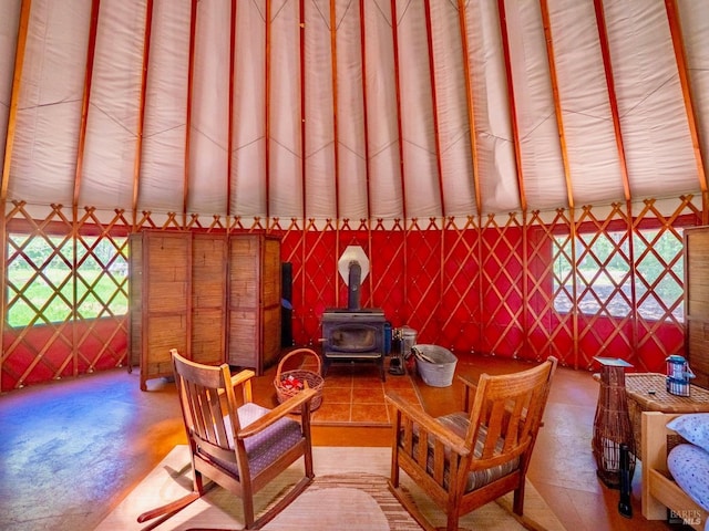living area with a wood stove