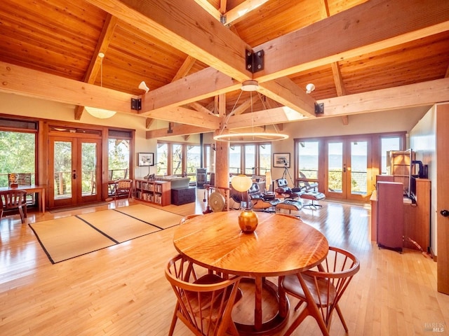 dining space featuring french doors, light wood-type flooring, wooden ceiling, and lofted ceiling with beams