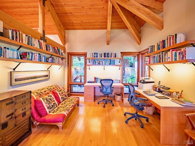 office area featuring wooden ceiling, wood finished floors, and lofted ceiling with beams