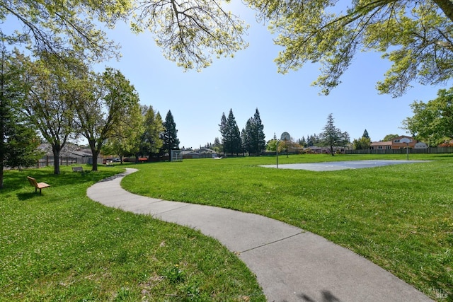 view of home's community featuring a yard and fence