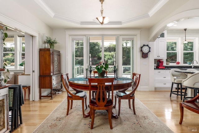 dining space featuring a tray ceiling, light wood-type flooring, ornamental molding, and arched walkways
