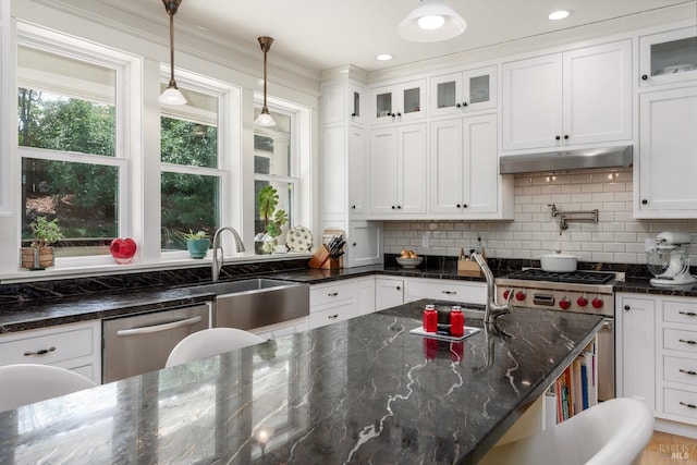 kitchen featuring white cabinets, under cabinet range hood, a sink, and appliances with stainless steel finishes