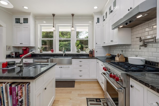 kitchen with under cabinet range hood, high end stainless steel range, ornamental molding, and a healthy amount of sunlight
