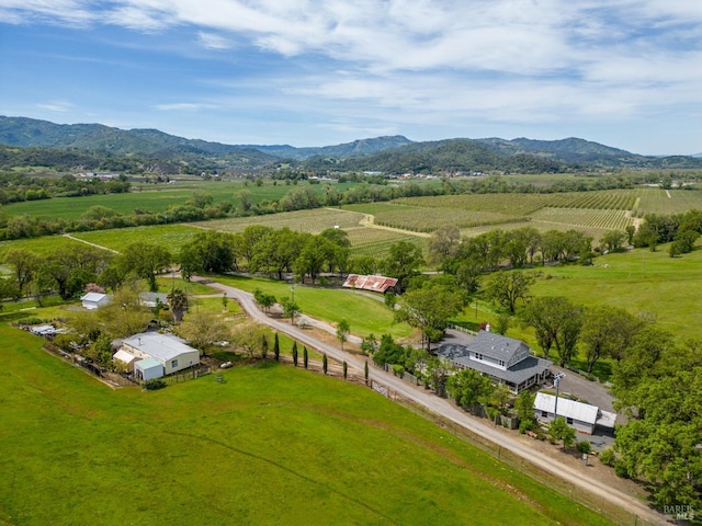 bird's eye view featuring a rural view and a mountain view