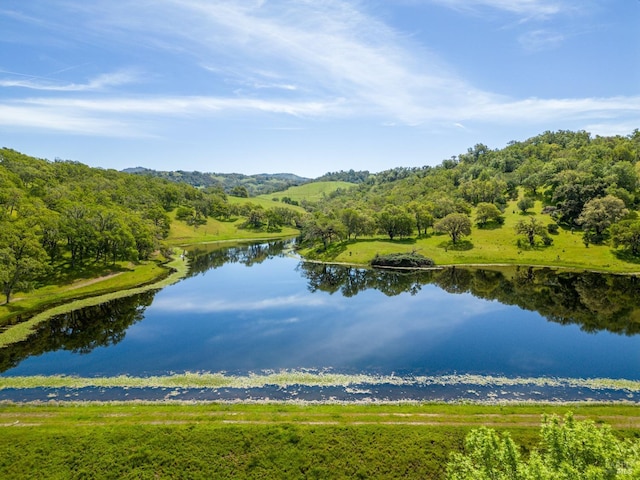 property view of water featuring a forest view