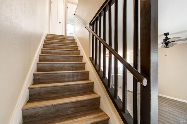 staircase featuring wood finished floors, ceiling fan, and baseboards