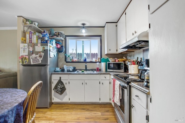 kitchen featuring crown molding, white cabinetry, under cabinet range hood, a sink, and stainless steel appliances