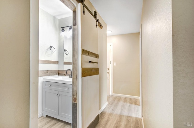 corridor featuring a sink, light wood finished floors, and a barn door