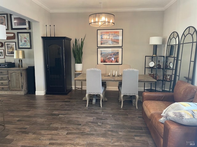 dining space with a chandelier, dark wood-type flooring, baseboards, and crown molding