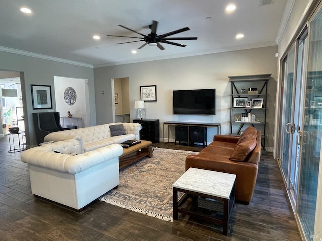 living room with crown molding, ceiling fan, dark wood finished floors, visible vents, and recessed lighting