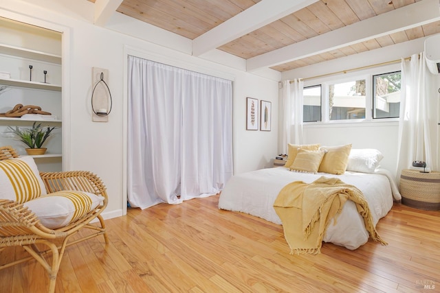 148 Ridgeway Ave, Fairfax, CA 94930 - bedroom with light wood-style floors and wooden ceiling with exposed beams