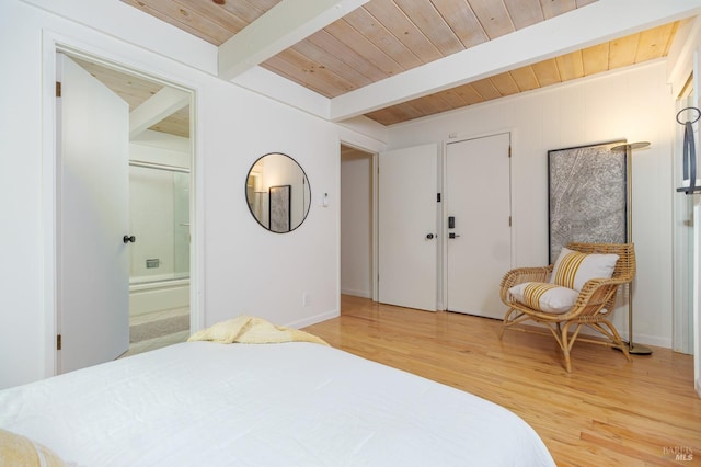 148 Ridgeway Ave, Fairfax, CA 94930 - bedroom with light wood-style floors, wood ceiling with exposed beams, connected bathroom, and baseboards