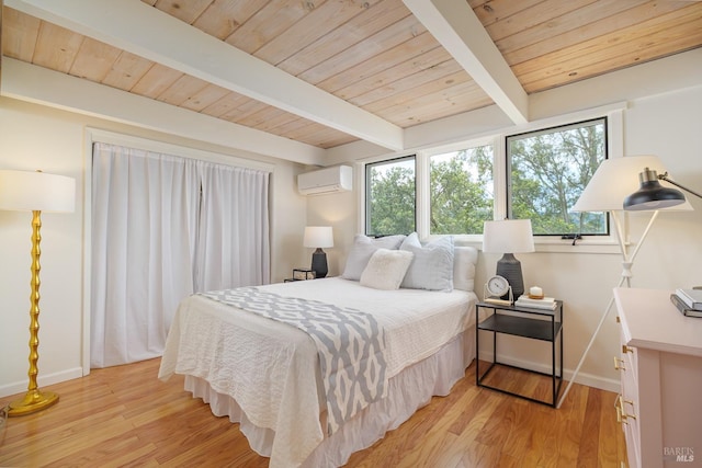 148 Ridgeway Ave, Fairfax, CA 94930 - bedroom with a wall mounted air conditioner, wooden ceiling with exposed beams, baseboards, and light wood-type flooring