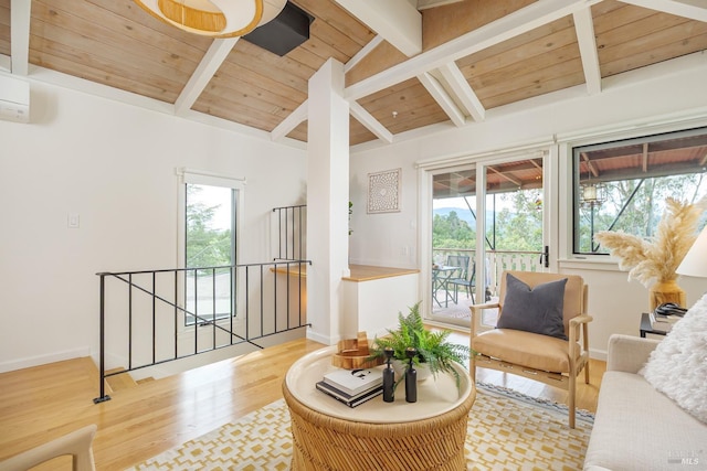 148 Ridgeway Ave, Fairfax, CA 94930 - living room with wooden ceiling, wood finished floors, and baseboards