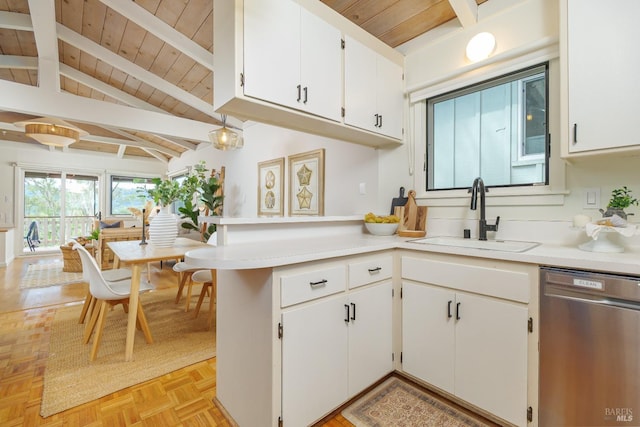 148 Ridgeway Ave, Fairfax, CA 94930 - kitchen featuring stainless steel dishwasher, wooden ceiling, white cabinetry, a peninsula, and light countertops