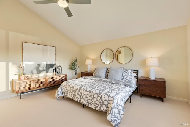 bedroom featuring lofted ceiling, carpet, a ceiling fan, and baseboards