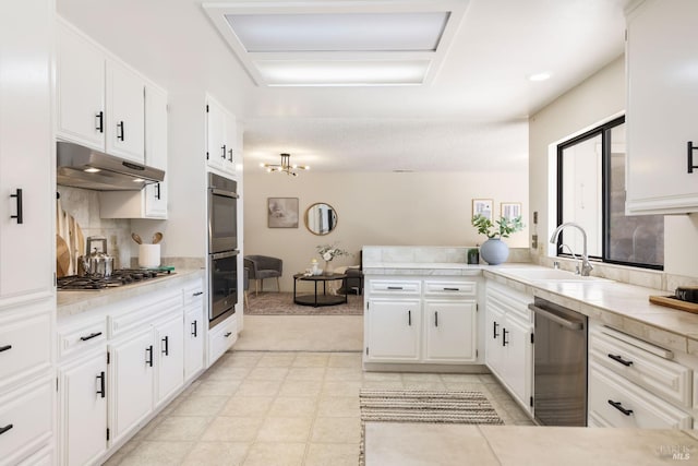 kitchen featuring a peninsula, light countertops, under cabinet range hood, stainless steel appliances, and a sink