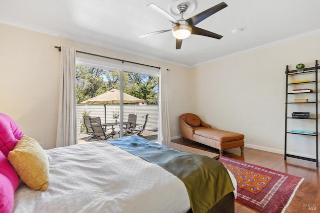 bedroom featuring ceiling fan, access to exterior, hardwood / wood-style flooring, baseboards, and ornamental molding