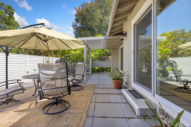 view of patio / terrace featuring a fenced backyard and outdoor dining space
