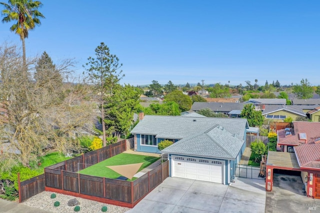 1464 Mcgregor Ave, Petaluma, CA 94954 - view of front facade featuring a chimney, an attached garage, driveway, a shingled roof, and a residential view
