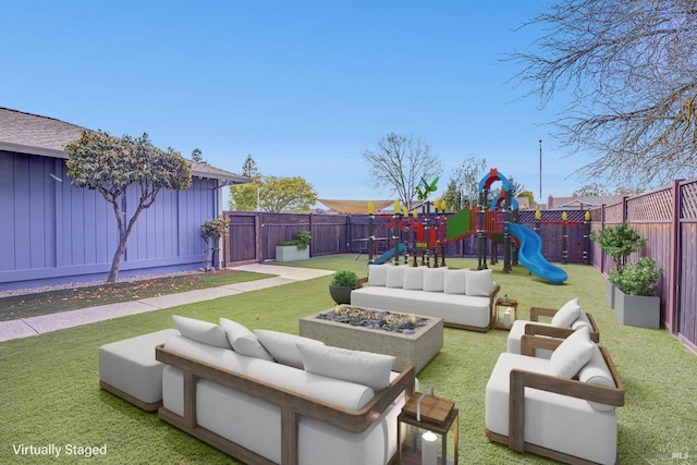 1464 Mcgregor Ave, Petaluma, CA 94954 - view of patio featuring an outdoor living space with a fire pit and a playground